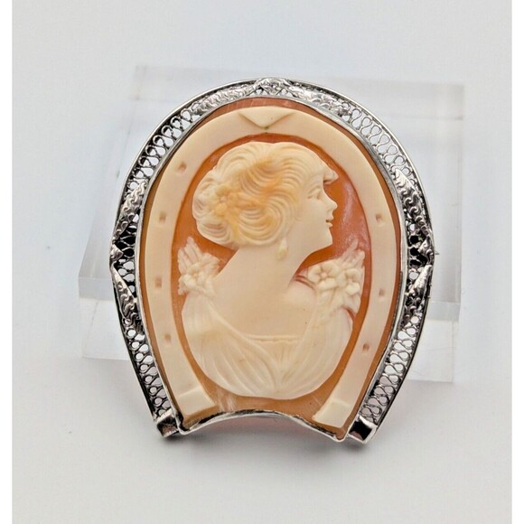 Vintage Sterling Silver 925 Shell Cameo Carved Brooch Horseshoe Shape Rare - Picture 1 of 16